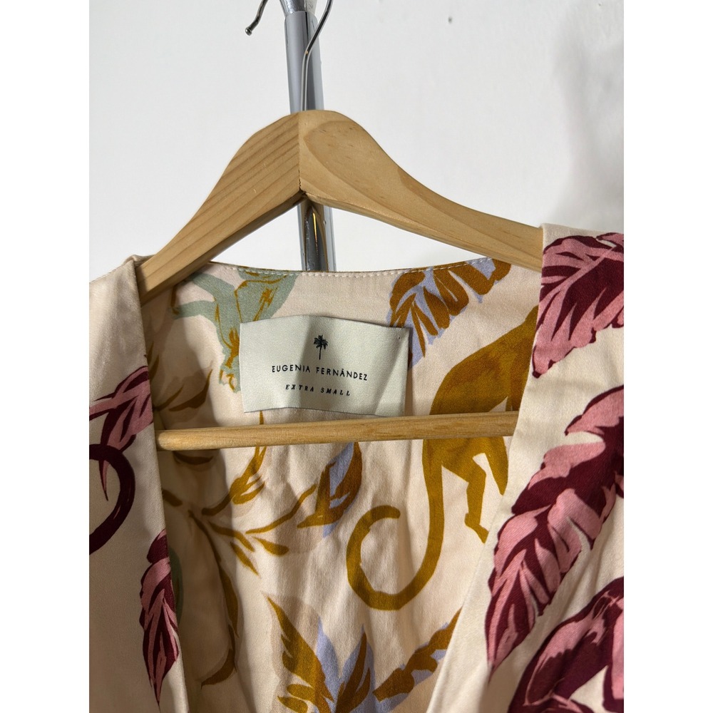 Eugenia Fernandez Tropical Puff Sleeve Wrap Crop Top Pink Mustard XS - Picture 2 of 4